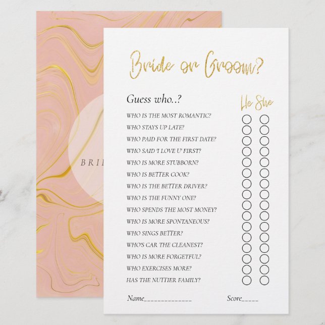 Gold Glitter Bridal Shower game Bride or Groom (Front/Back)