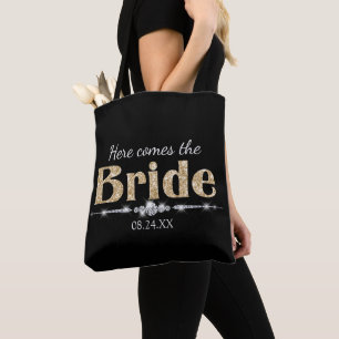 Gold Glitter Bride and Diamonds on Black Tote Bag