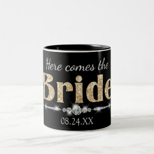 Gold Glitter Bride and Diamonds on Black Two-Tone Coffee Mug