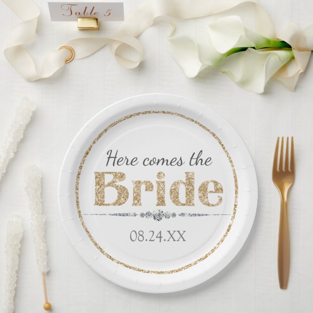 Gold Glitter Bride and Diamonds Paper Plates (Wedding)