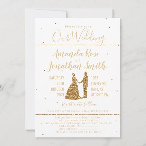 Gold glitter bride and groom white wedding invitat invitation