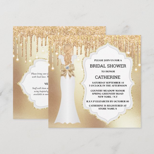 Gold glitter bride dress elegant luxurious shimmer invitation (Front/Back)