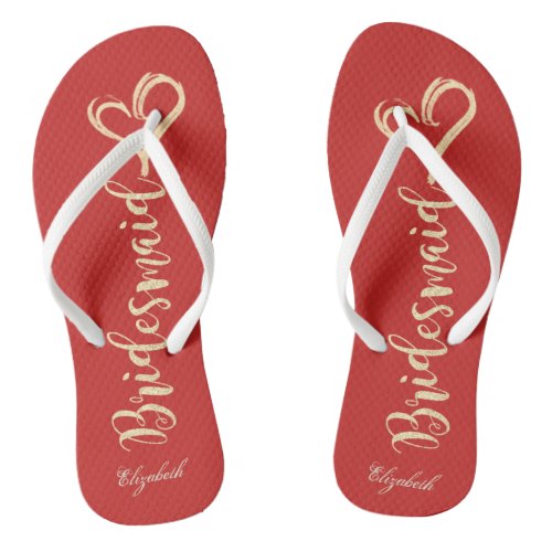 Gold Glitter BridesmaidHeart Red _Personalized Flip Flops