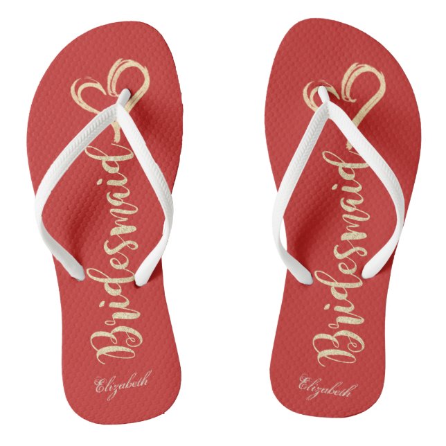 Gold Glitter Bridesmaid,Heart ,Red -Personalized Flip Flops (Footbed)