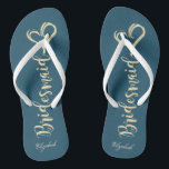 Gold Glitter Bridesmaid,Hearts Navy Blue Flip Flops<br><div class="desc">Cute gold glittery bridesmaid and heart on navy blue background  with your name. Select the costume button to change the fonts style,  color and size. Any girl would love to have this elegant and stylish design .</div>
