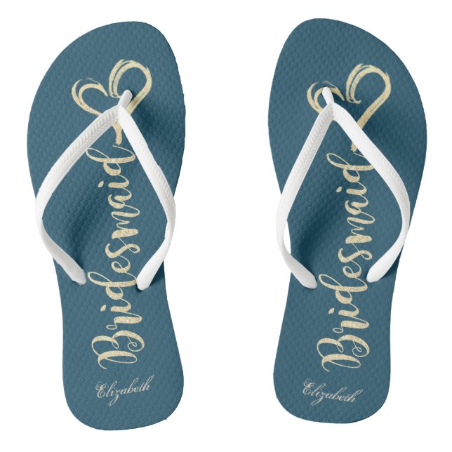 Gold Glitter Bridesmaid,Hearts Navy Blue Flip Flops (Footbed)