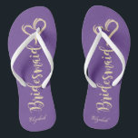 Gold Glitter Bridesmaid,Hearts Viole -Personalized Flip Flops<br><div class="desc">Cute gold glittery bridesmaid and heart on violet background  with your name. Select the costume button to change the fonts style,  color and size. Any girl would love to have this elegant and stylish design .</div>