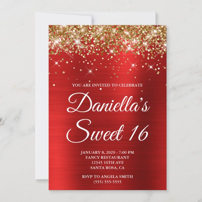 Gold Glitter Bright Red Foil Sweet 16 Invitation (Front)