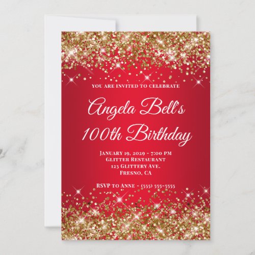 Gold Glitter Bright Red Ombre 100th Birthday
