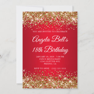 Gold Glitter Bright Red Ombre 18th Birthday Invitation