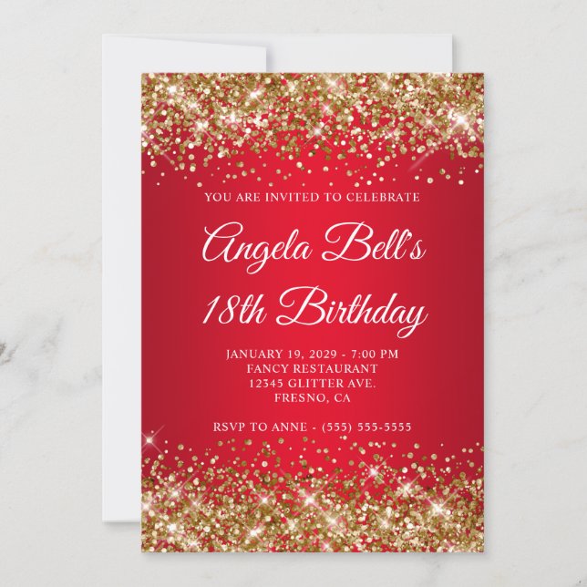 Gold Glitter Bright Red Ombre 18th Birthday Invitation (Front)