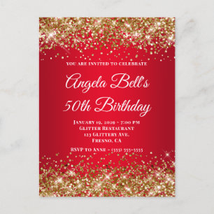 Gold Glitter Bright Red Ombre 50th Birthday Invitation Postcard