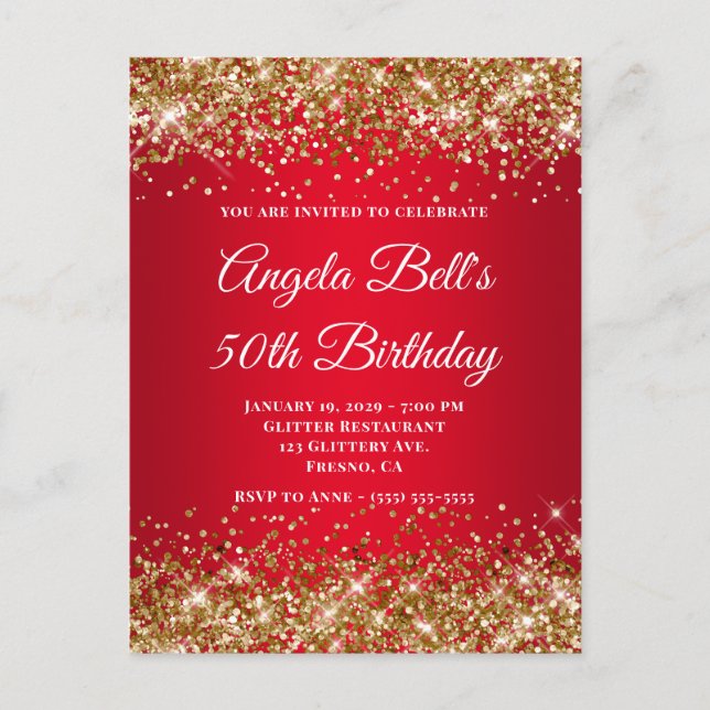 Gold Glitter Bright Red Ombre 50th Birthday Invitation Postcard (Front)