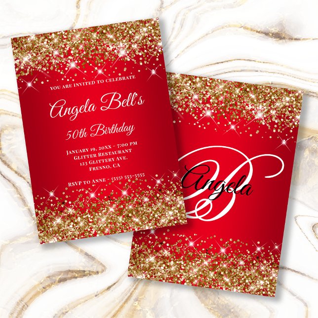 Gold Glitter Bright Red Ombre Fancy Monogram Invitation (Creator Uploaded)