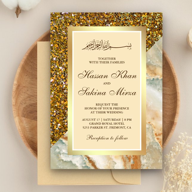 Gold Glitter Brown Marble Cream Muslim Wedding Invitation (Creator Uploaded)