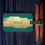 Gold Glitter Brush Stroke w/Your Name, Green Luggage Tag<br><div class="desc">Gold brush stroke on green,  dark teal background</div>