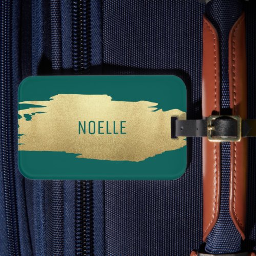 Gold Glitter Brush Stroke wYour Name Green Luggage Tag