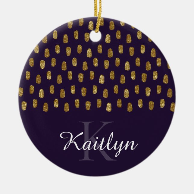 Gold Glitter Brush Strokes on Purple Ceramic Ornament (Front)