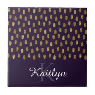 Gold Glitter Brush Strokes on Purple Ceramic Tile