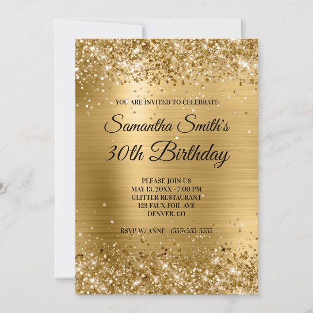 Gold Glitter Brushed Foil Monogram 30th Birthday Invitation (Front)