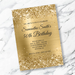 Gold Glitter Brushed Foil Monogram 50th Birthday Invitation