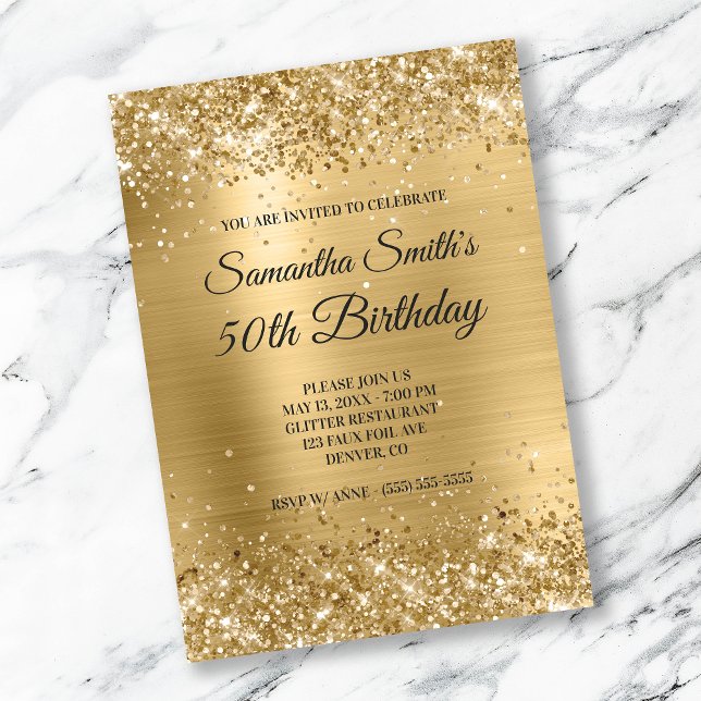 Gold Glitter Brushed Foil Monogram 50th Birthday Invitation (Creator Uploaded)
