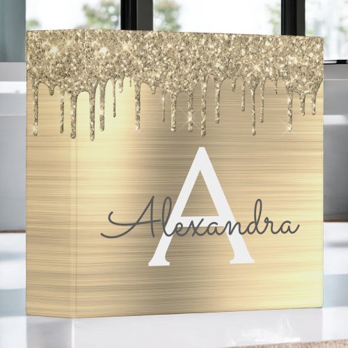 Gold Glitter Brushed Metal Monogram Name 3 Ring Binder