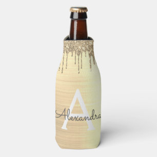 Gold Glitter Brushed Metal Monogram Name Bottle Cooler
