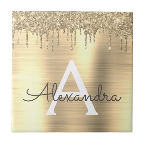 Gold Glitter Brushed Metal Monogram Name Ceramic Tile