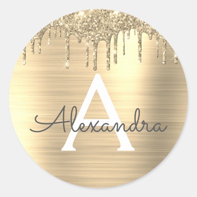 Gold Glitter Brushed Metal Monogram Name Classic Round Sticker | Zazzle.com