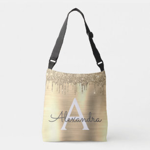 Gold Glitter Brushed Metal Monogram Name Crossbody Bag