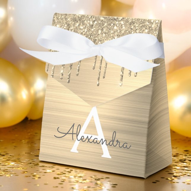 Gold Glitter Brushed Metal Monogram Name Favor Boxes (Creator Uploaded)