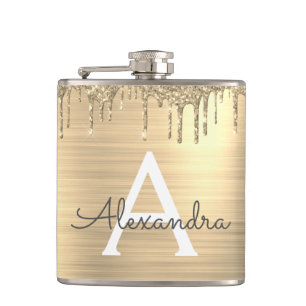 Gold Glitter Brushed Metal Monogram Name Flask