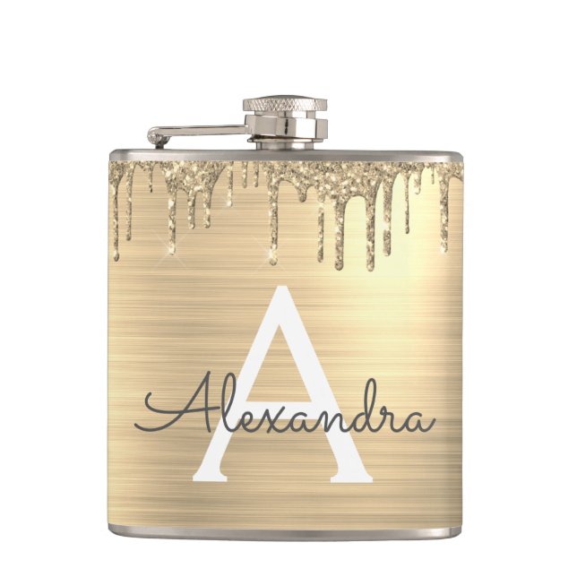 Gold Glitter Brushed Metal Monogram Name Flask (Front)