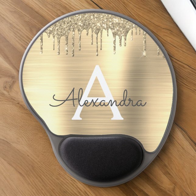 Gold Glitter Brushed Metal Monogram Name Gel Mouse Pad (Creator Uploaded)