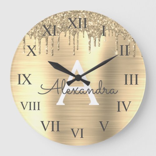 Gold Glitter Brushed Metal Monogram Name Large Clock