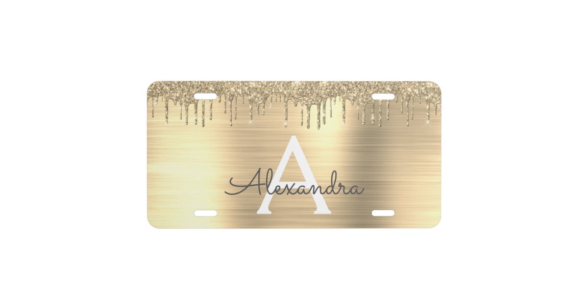 Gold Glitter Brushed Metal Monogram Name License Plate | Zazzle