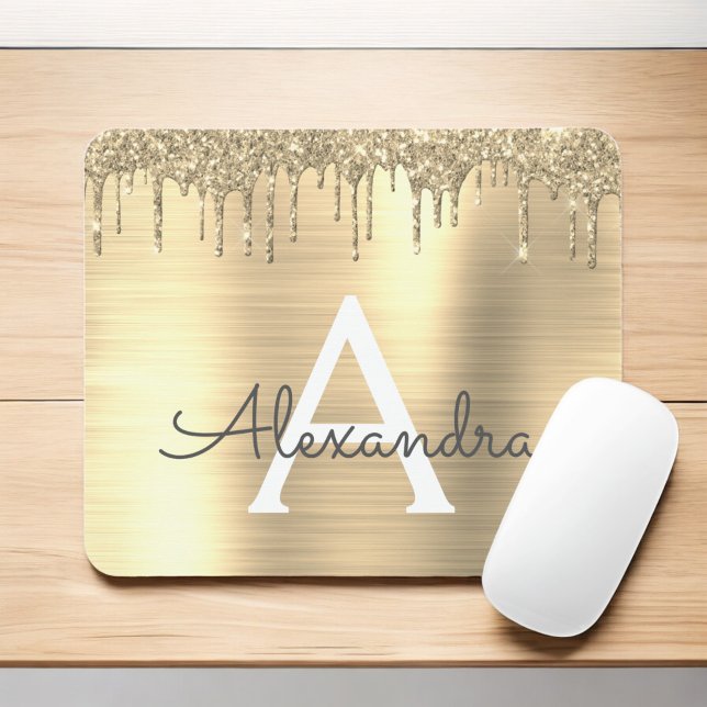 Gold Glitter Brushed Metal Monogram Name Mouse Pad (Creator Uploaded)