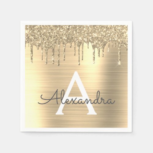 Gold Glitter Brushed Metal Monogram Name Napkins