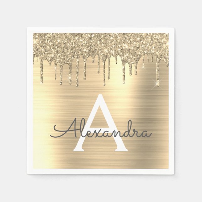 Gold Glitter Brushed Metal Monogram Name Napkins (Front)