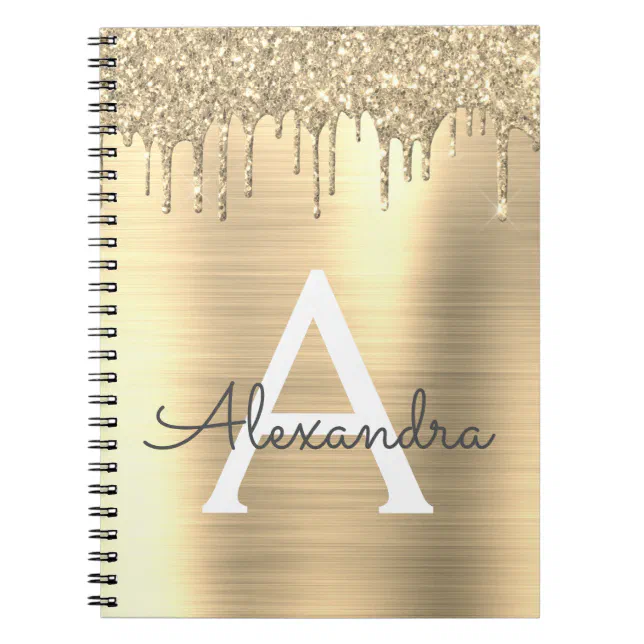 Gold Glitter Brushed Metal Monogram Name Notebook | Zazzle