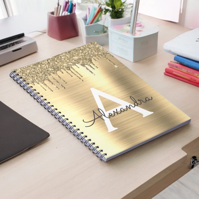 Gold Glitter Brushed Metal Monogram Name Notebook (Creator Uploaded)