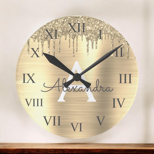 Gold Glitter Brushed Metal Monogram Name Round Clock