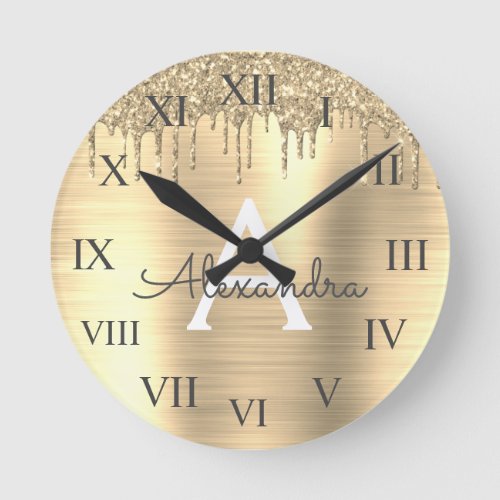 Gold Glitter Brushed Metal Monogram Name Round Clock