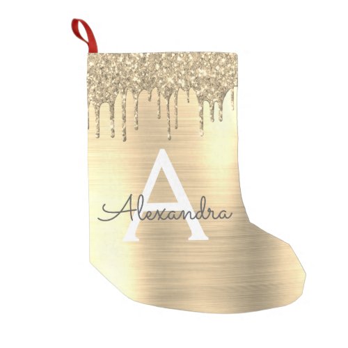 Gold Glitter Brushed Metal Monogram Name Small Christmas Stocking