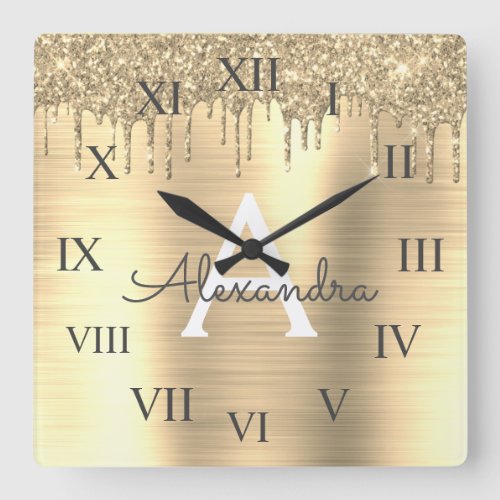 Gold Glitter Brushed Metal Monogram Name Square Wall Clock