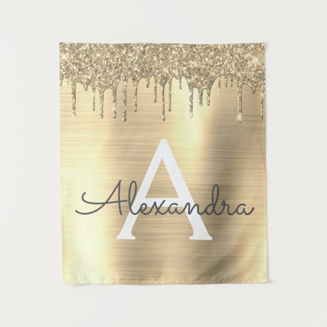 Gold Glitter Brushed Metal Monogram Name Tapestry (Front)