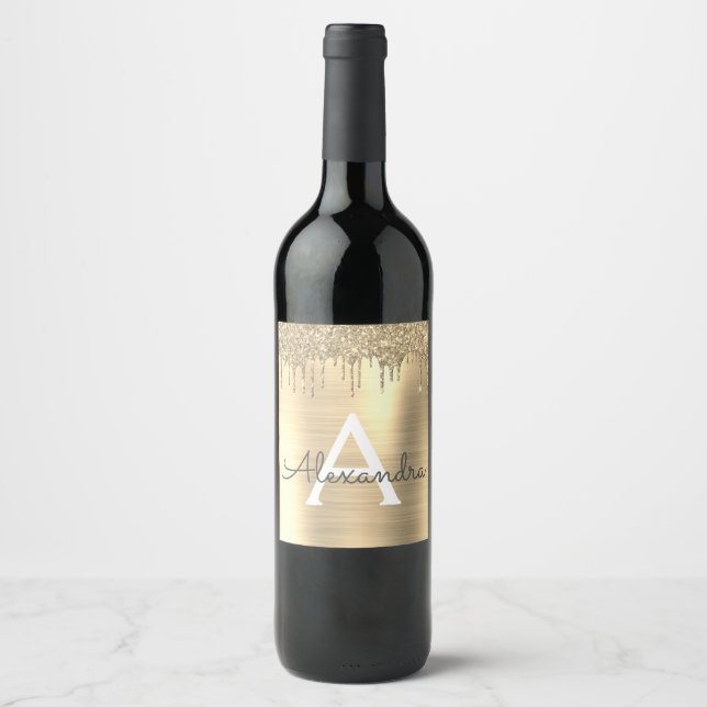 Gold Glitter Brushed Metal Monogram Name Wine Label (Front)