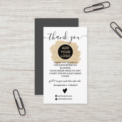 Gold glitter brushstroke logo order thank you business card