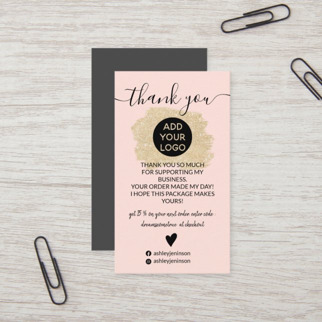 Gold glitter brushstroke logo pink thank you business card (Front/Back In Situ)